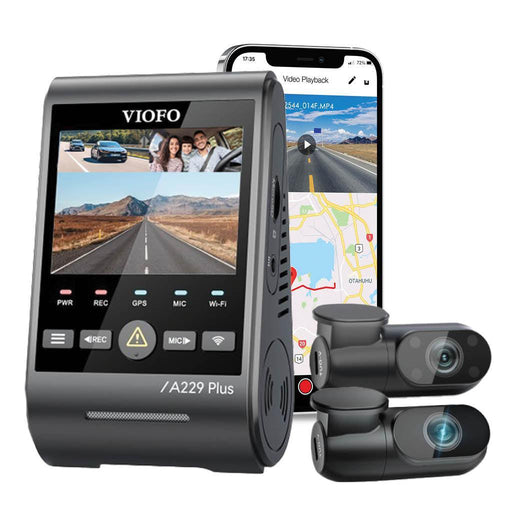 VIOFO A229 Plus 2K QHD 3-Channel Dash Cam - Dash Cams - {{ collection.title }} - 12V Plug-and-Play, 2K QHD @ 60 FPS, 3-Channel, Adhesive Mount, App Compatible, Camera Alerts, China, Dash Cams, G-Sensor, GPS, Hardwire Install, Loop Recording, Mobile App, Mobile App Viewer, Night Vision, Parking Mode, Rear Camera, sale, Security, Super Capacitor, Voice Alerts, Wi-Fi - BlackboxMyCar